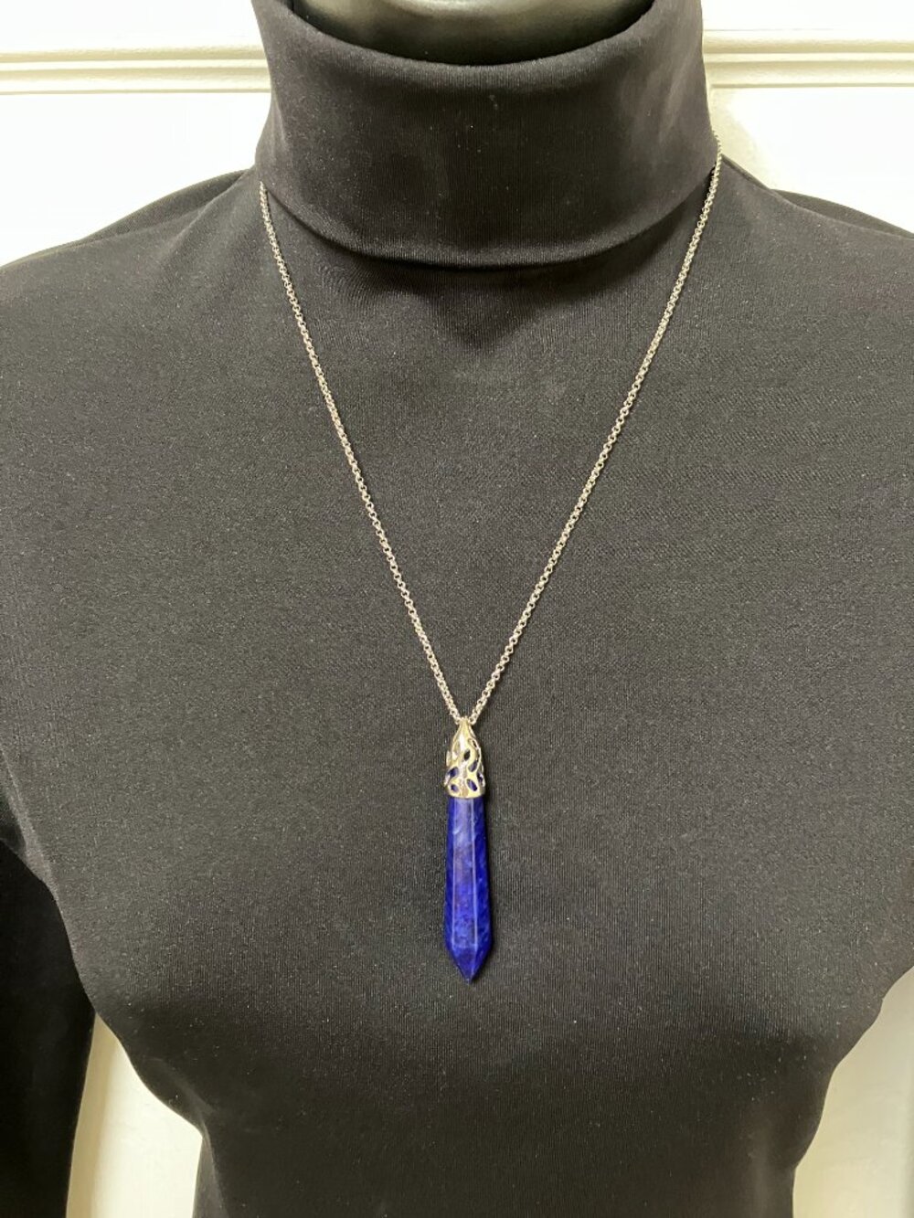 Blue Bullet Jasper Pendant Necklace 20-inch Stainless Steel Rolo Chain New